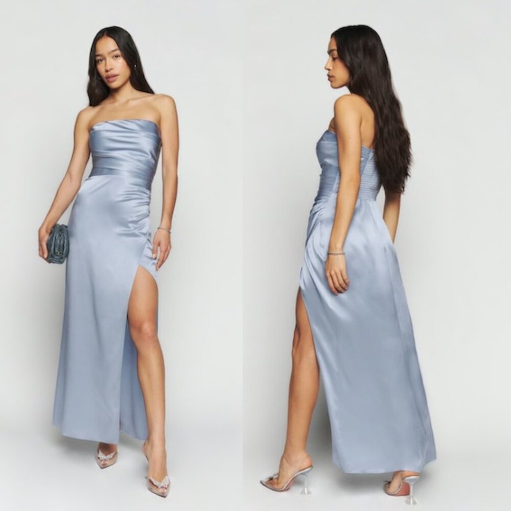 NWT Reformation Barrow Maxi Silk Dress Strapless Size 12 in Mineral Blue
